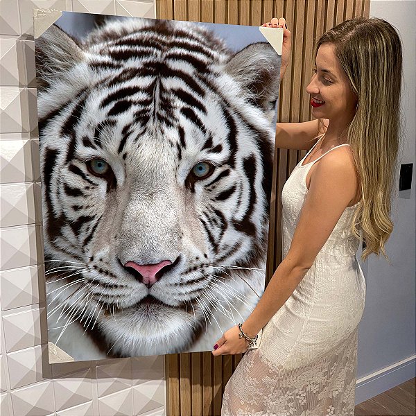 Quadro Decorativo Flutuante Animal Selvagem Face Frontal Tigre Branco Vertical