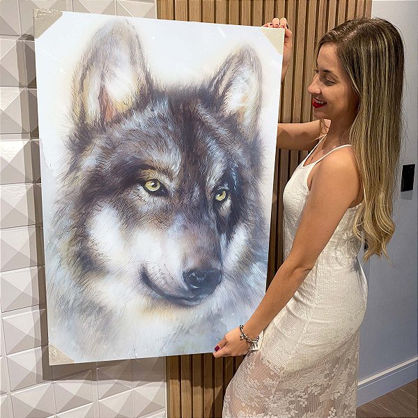 Quadro Decorativo Flutuante Animal Selvagem Lobo Olhos Amarelos Vertical