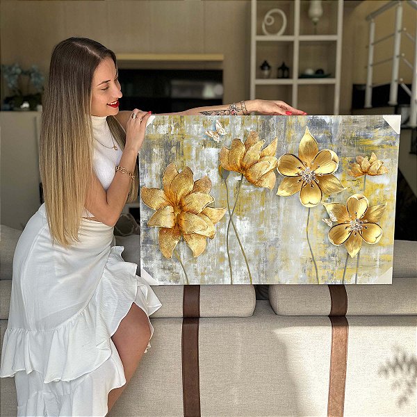Quadro Decorativo Flutuante Floral de Flores Douradas Horizontal