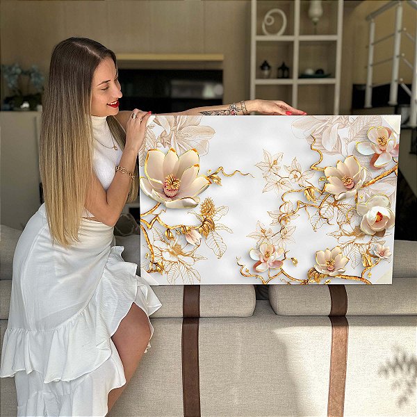Quadro Decorativo Flutuante Floral Arte Abstrata de Flores e Folhas Douradas Horizontal