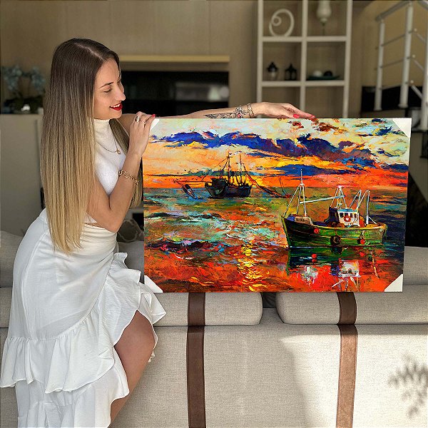 Quadro Decorativo Flutuante Pintura Abstrata Barcos Pôr do Sol no Mar Horizontal