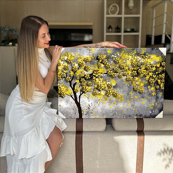 Quadro Decorativo Flutuante Árvores Cerejeiras Amarelas em Flor Horizontal