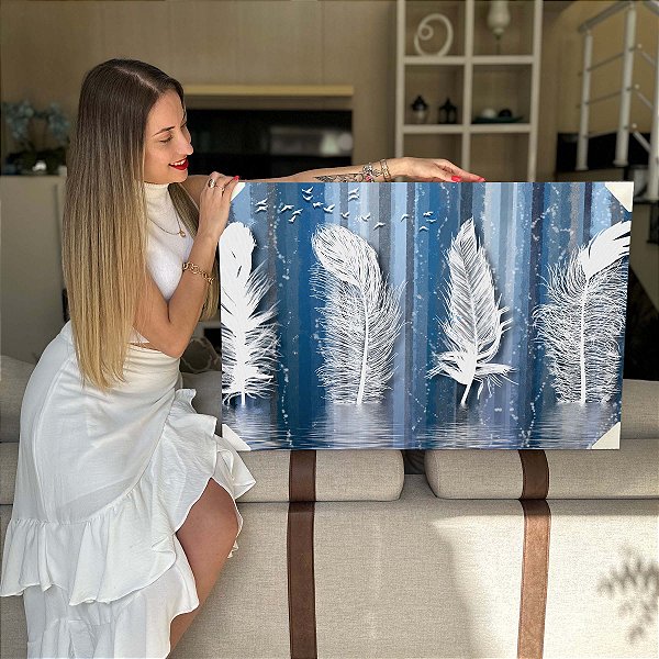 Quadro Decorativo Flutuante Arte Abstrata Penas e Paisagem Glacial Azul e Branco Horizontal