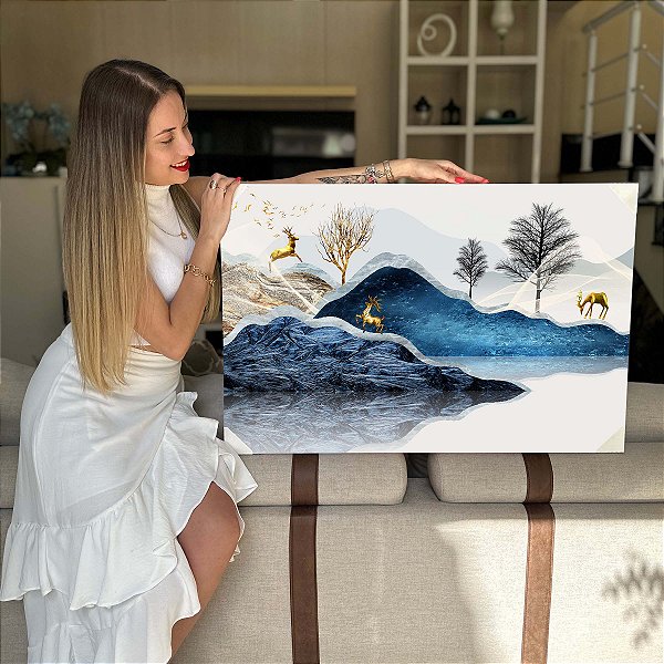 Quadro Decorativo Flutuante Abstrato Veados Dourados nas Montanhas Horizontal