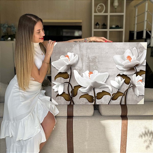 Quadro Decorativo Flutuante Floral Pintura de Flores Brancas Fundo Cinza Horizontal