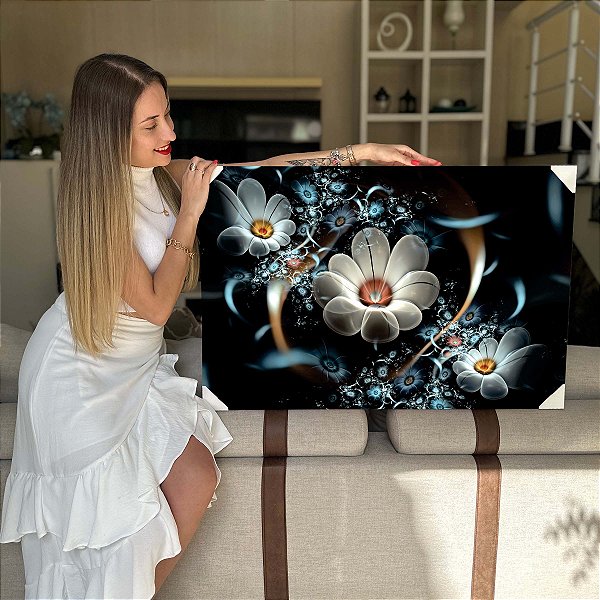 Quadro Decorativo Flutuante Floral Artístico Abstrato Flores Brancas Horizontal
