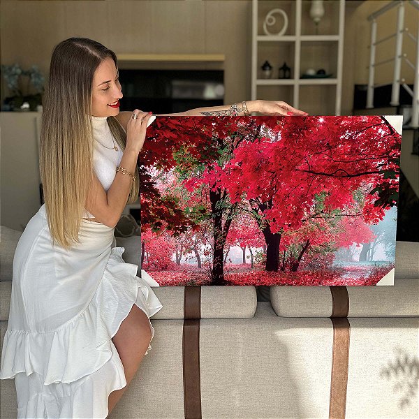 Quadro Decorativo Flutuante Paisagem Natureza Parque de Árvores com Folhas Vermelhas Horizontal