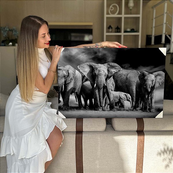 Quadro Decorativo Flutuante Animais Manada de Elefantes Preto e Branco Horizontal