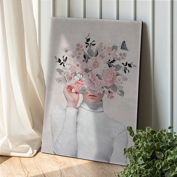 Quadro Decorativo Canvas Pintura de Mulher Com Flor no Rosto Vertical