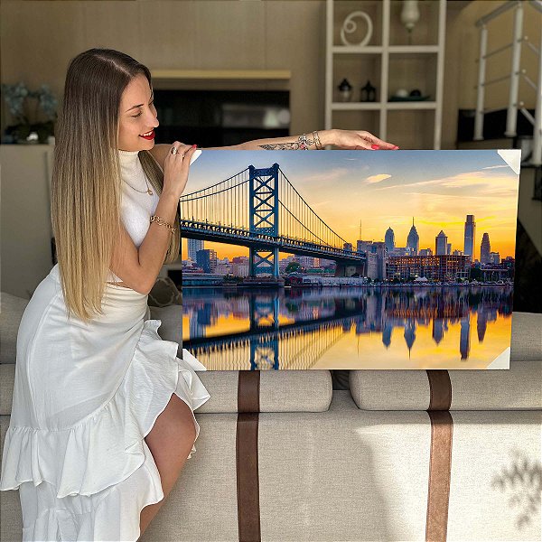 Quadro Decorativo Flutuante Paisagem da Cidade de São Francisco Ponte Oakland Bay Bridge e seu Rio Horizontal