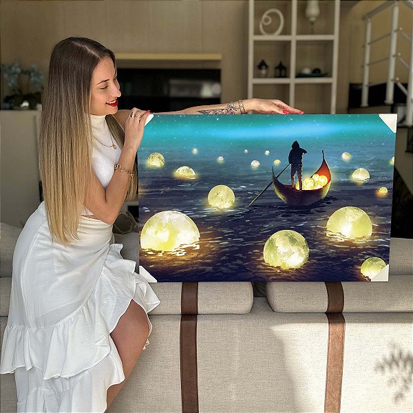Quadro Decorativo Flutuante Composição Abstrata de Barco no Mar com Luas Boiando Horizontal