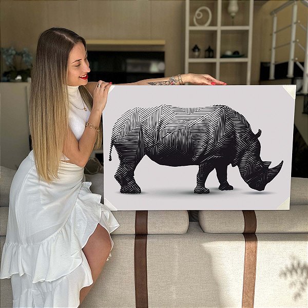 Quadro Decorativo Flutuante Composição Abstrata de Animal Rinoceronte Preto e Branco Horizontal