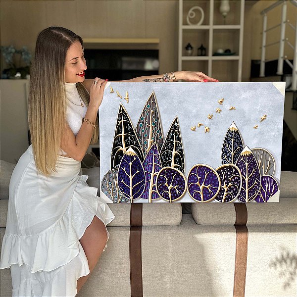 Quadro Decorativo Flutuante Asbtrato Composição de Folhas Abstratas Com Detalhes em Dourado Horizontal