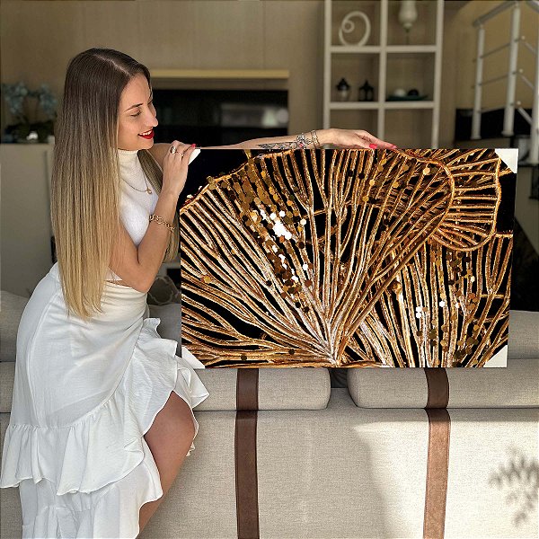 Quadro Decorativo Flutuante Flores Douradas Abstratas Elegantes e Modernas Horizontal