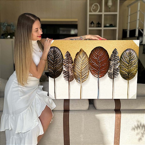 Quadro Decorativo Flutuante Composição Abstrata de Folhas em Tons Terrosos Horizontal