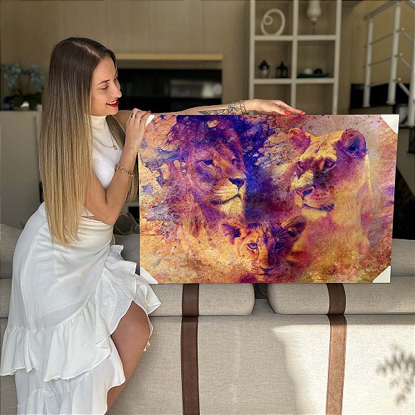 Quadro Decorativo Flutuante Composição Abstrata de Casal de Leões Horizontal
