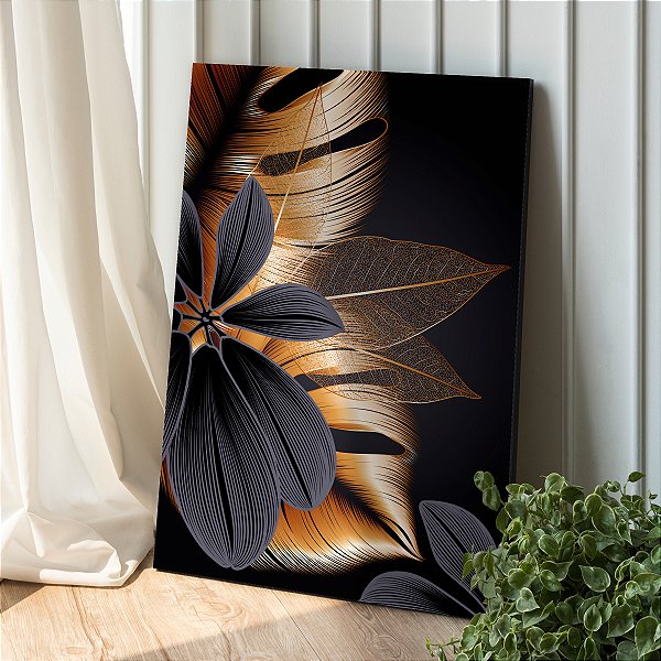 Quadro Decorativo Canvas Folhas Pretas e Douradas Asbtrato Vertical