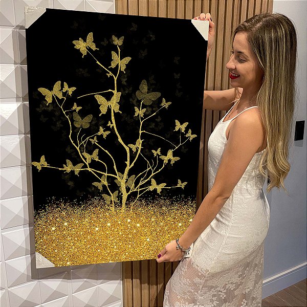 Quadro Decorativo Flutuante Abstrato Estilo Nórdico Borboletas Douradas e Fundo Preto Vertical