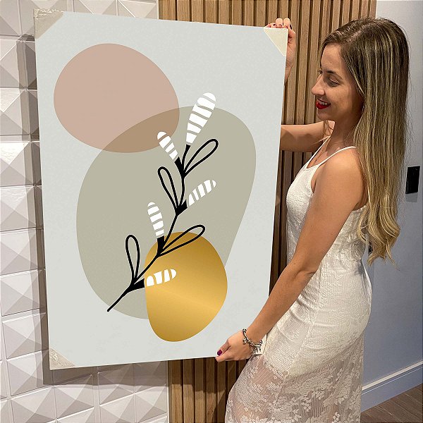Quadro Decorativo Flutuante Abstrato Formas Orgânicas Dourada, Rosê e Cinza Vertical