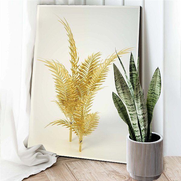 Quadro Decorativo Canvas Abstrato Folhas em Ouro Luxo Vertical
