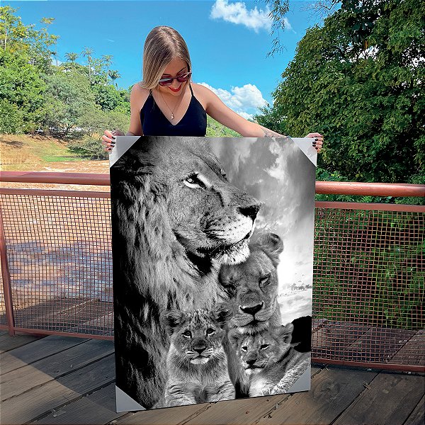 Quadro Decorativo Canvas Animal Selvagem Perfil Familia Leão Vertical