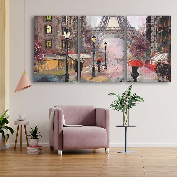 Quadro Decorativo Trio Flutuante Pintura Cidade de Paris Torre Eiffel Horizontal