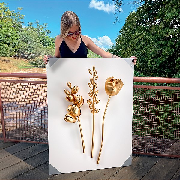 Quadro Decorativo Canvas Trio de Flores Douradas Vertical