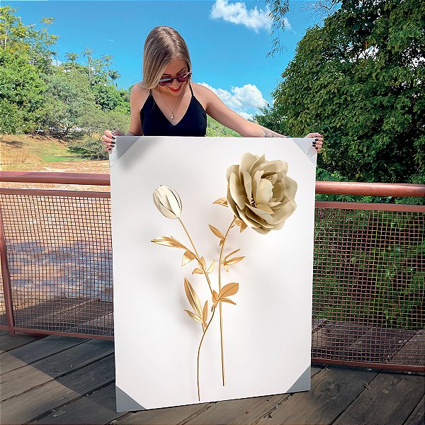 Quadro Decorativo Canvas Floral Rosas na Cor Branca e Dourado