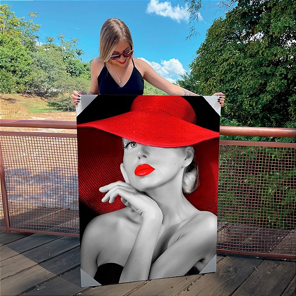 Quadro Decorativo Canvas Mulher com Chapéu e Batom Vermelho Vertical