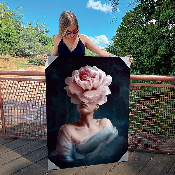 Quadro Decorativo Canvas Mulher com Rosa no Rosto Vertical