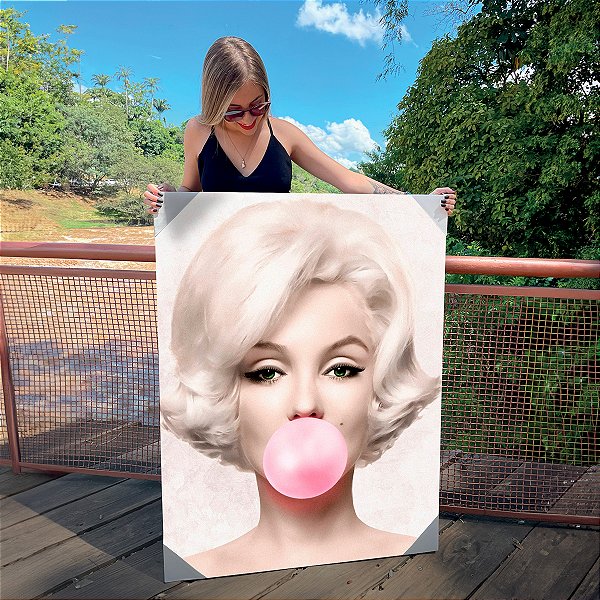 Quadro Decorativo Canvas Marilyn Monroe com Bola de Chicletes Rosa Vertical