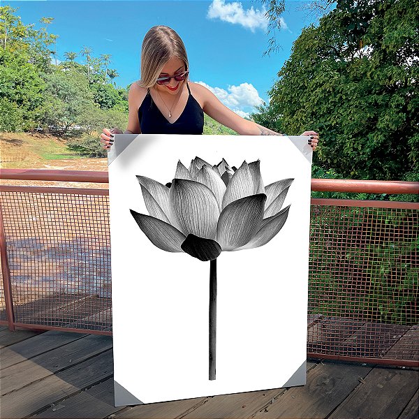 Quadro Decorativo Canvas Flor de Lotus Efeito Grafite Vertical