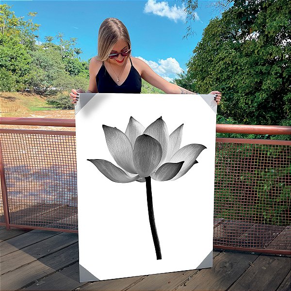 Quadro Decorativo Canvas Flor de Lótus Efeito Grafite Preto Vertical