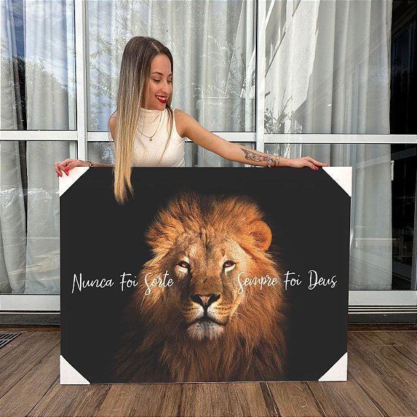 Quadro Decorativo Canvas Leão Nunca Foi Sorte Sempre Foi Deus Horizontal