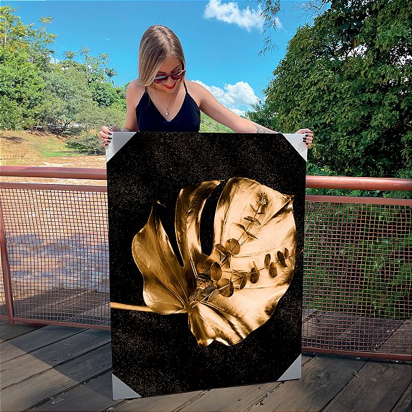 Quadro Decorativo Canvas Costela de Adão Dourada Fundo Preto Vertical