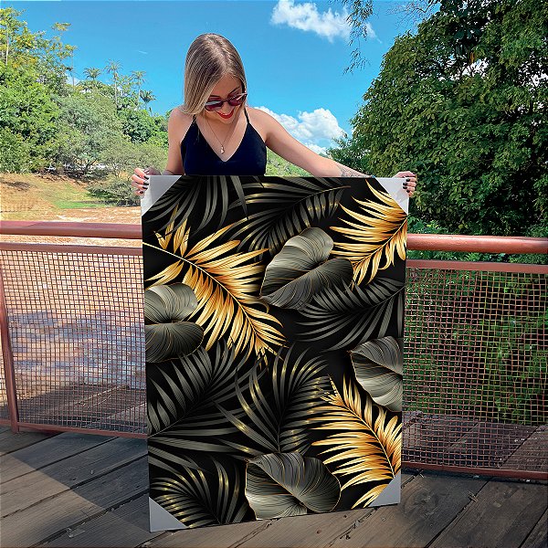 Quadro Decorativo Canvas Costela de Adão Dourada Fundo Preto Vertical
