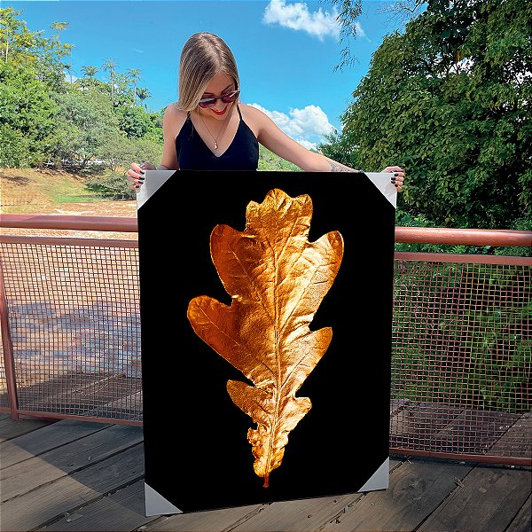 Quadro Decorativo Canvas Folhas Douradas Fundo Preto Vertical