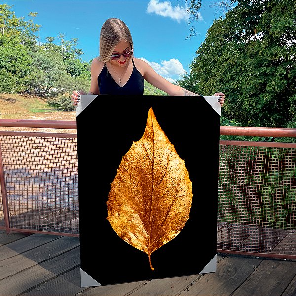 Quadro Decorativo Canvas Folha Dourada Gold Fundo Preto Vertical