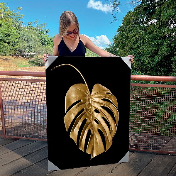 Quadro Decorativo Canvas Costela de Adão Dourada Golden Fundo Preto Vertical