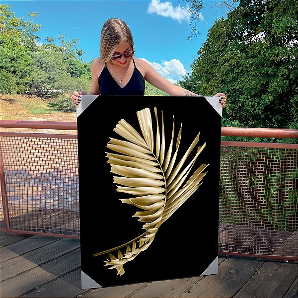 Quadro Decorativo Canvas Folha de Palmeira Dourada Fundo Preto Vertical
