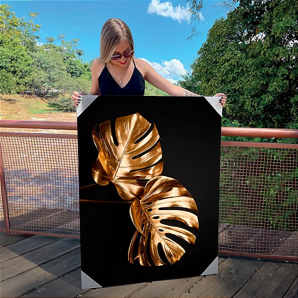 Quadro Decorativo Canvas Costela de Adão Dourada Fundo Preto Vertical