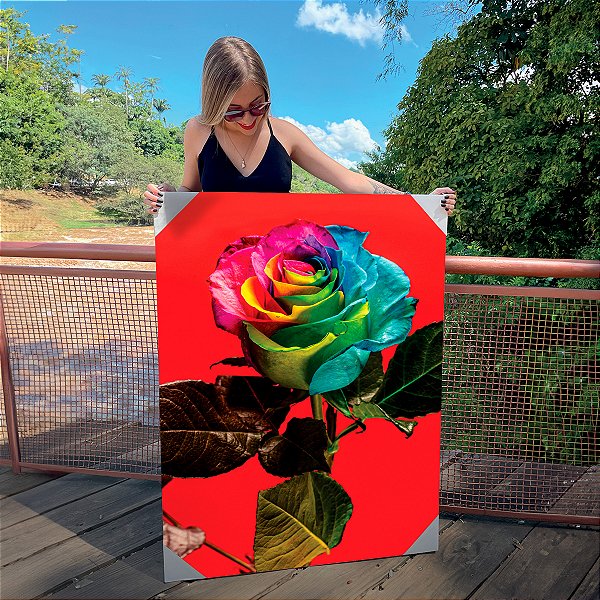 Quadro Decorativo Canvas Floral Rosa Colorida em Fundo Vermelho Vertical