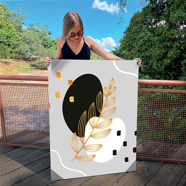 Quadro Decorativo Canvas Composição Abstrata de Folhas Douradas com Preto Vertical