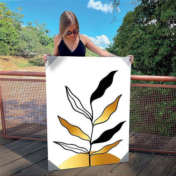 Quadro Decorativo Canvas Folhagens Pretas e Douradas Abstratas Vertical