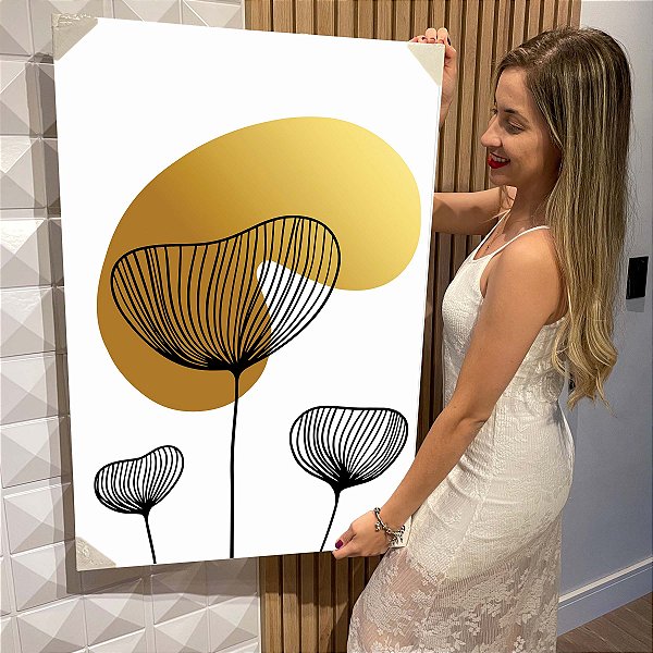 Quadro Decorativo Flutuante Folhagens Pretas e Douradas Abstratas Vertical