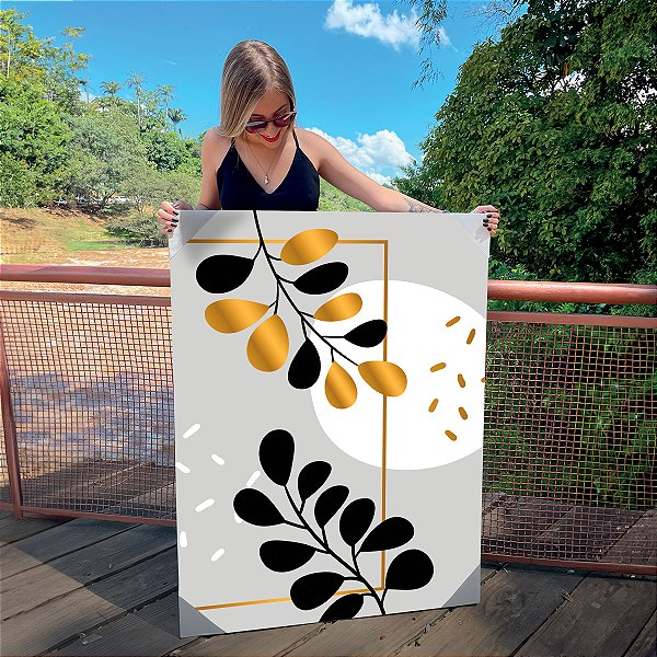 Quadro Decorativo Canvas Folhagens Pretas e Douradas Abstratas Vertical