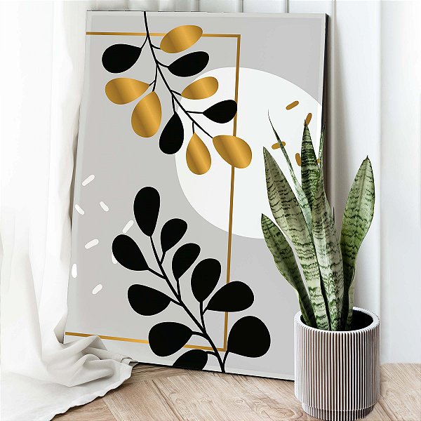 Quadro Decorativo Flutuante Folhagens Pretas e Douradas Abstratas Vertical