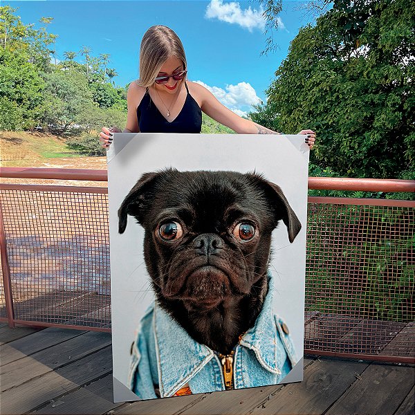 Quadro Decorativo Canvas Dog Pug com Jaqueta Jeans Pets Vertical
