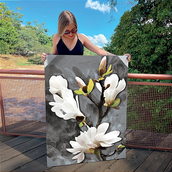 Quadro Decorativo Canvas Floral Ramos Orquídeas Brancas Vertical