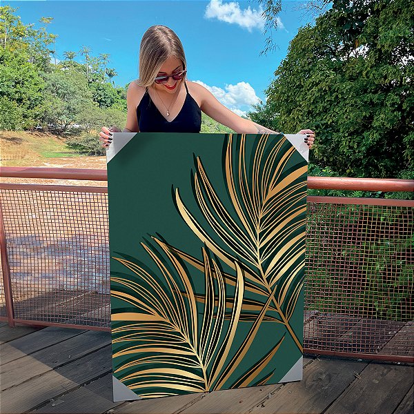 Quadro Decorativo Canvas Folhas Fundo Verde Vertical